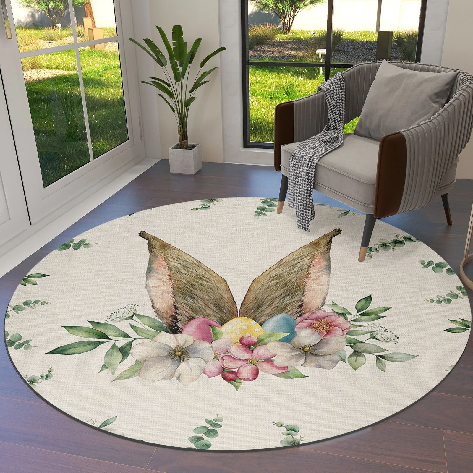 

Easter Flowers Eucalyptus Rabbit Ears Round Area Rug Carpets For Living Room Large Mat Home Bedroom Kid Room Decoration