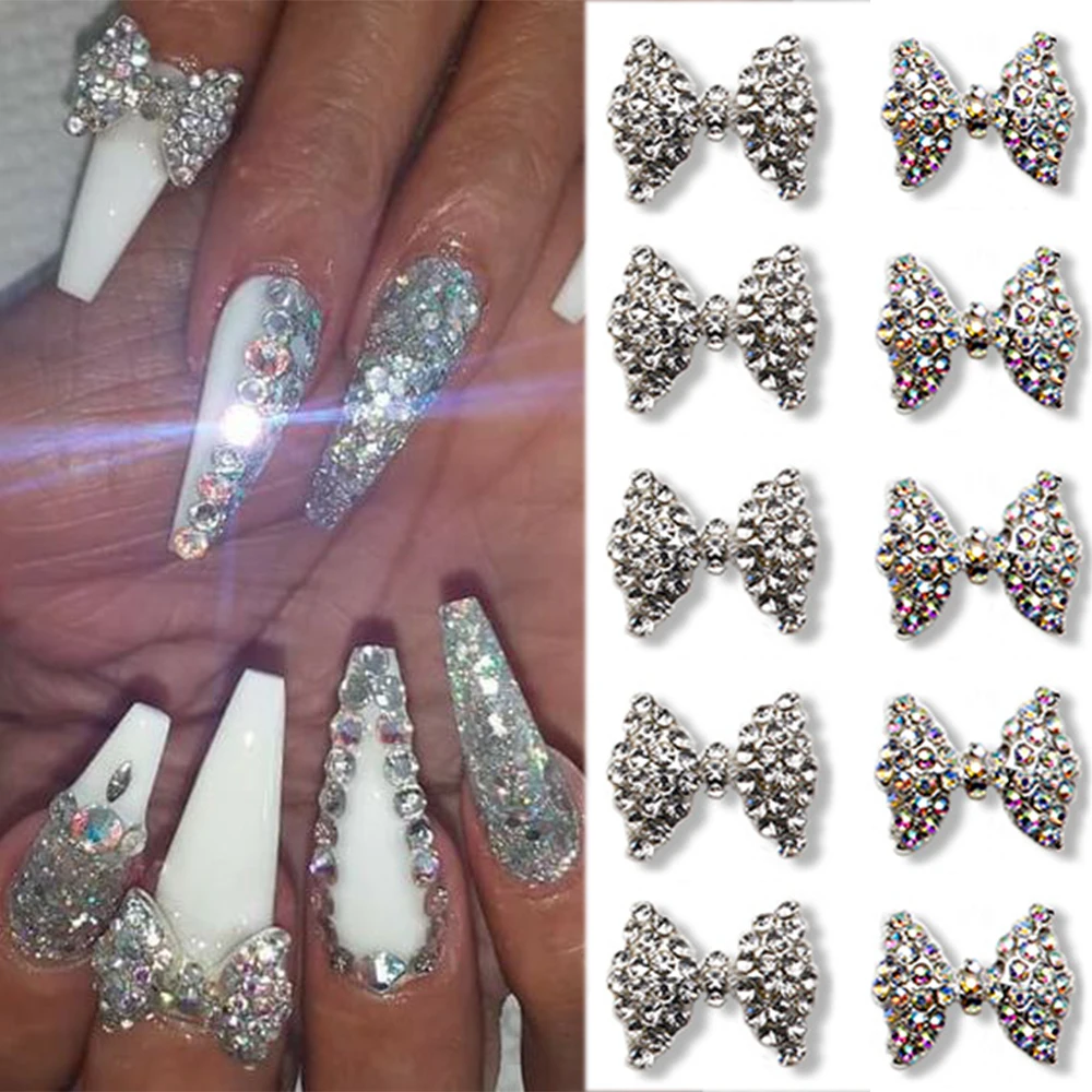 10Pcs Bows Flowers Nail Art Charms Mix Styles Rhinestone Shiny Alloy Luxury Diamond Gems Decoration 3D