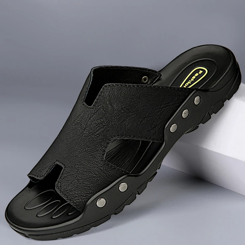 

Plus Big Size 49 50 51 52 Men Leather Slippers Luxury Slides Designer Shoes Summer Slip On Sandals For Dropshipping