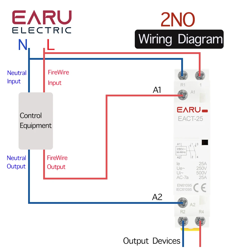 Contattore AC Su Guida DIN 20A 2 Poli 1NO 1NC 220V/230V - Silenzioso E Compatto