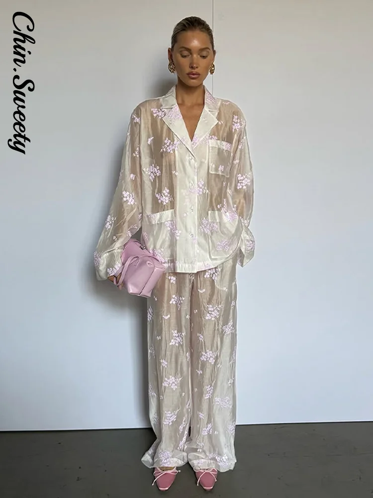 Casual Printed Women's Shirt Trouser Suits Long Sleeve Lapel Button Coat Wide Leg Trousers 2026 Spring Summer Lady Outfit