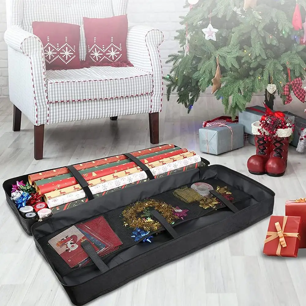 Description Picture 3 of itemChristmas Gift Wrap Storage Bag Underbed Storage Organizer With Thicken Handles Xmas Wrapping Paper Storage Box
