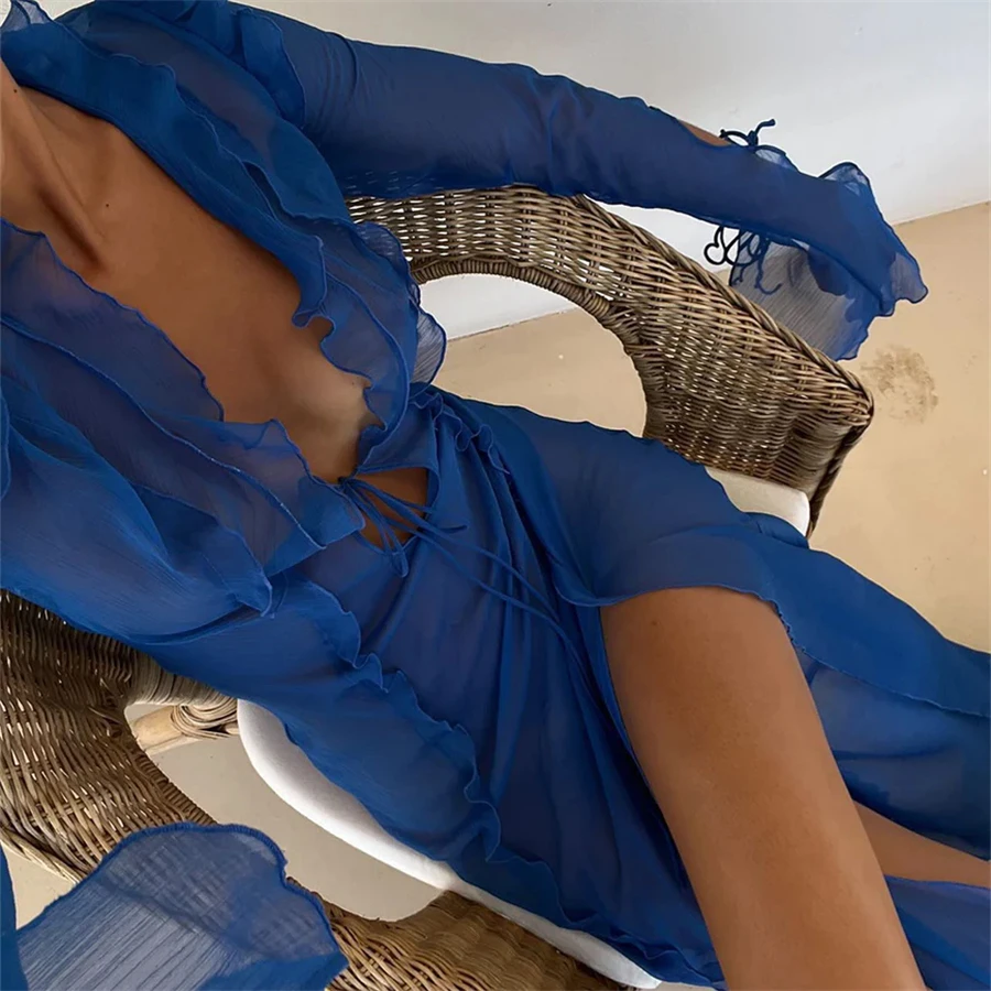 Imcute Women Y2k Sexy Ruffle Hem Dress See Through Bikini Cover Up Dress Side Split Sheer Mesh Swim Beach Sundress swimsuit cover up swimsuit coverup beach suit beach dress set beach evening dress