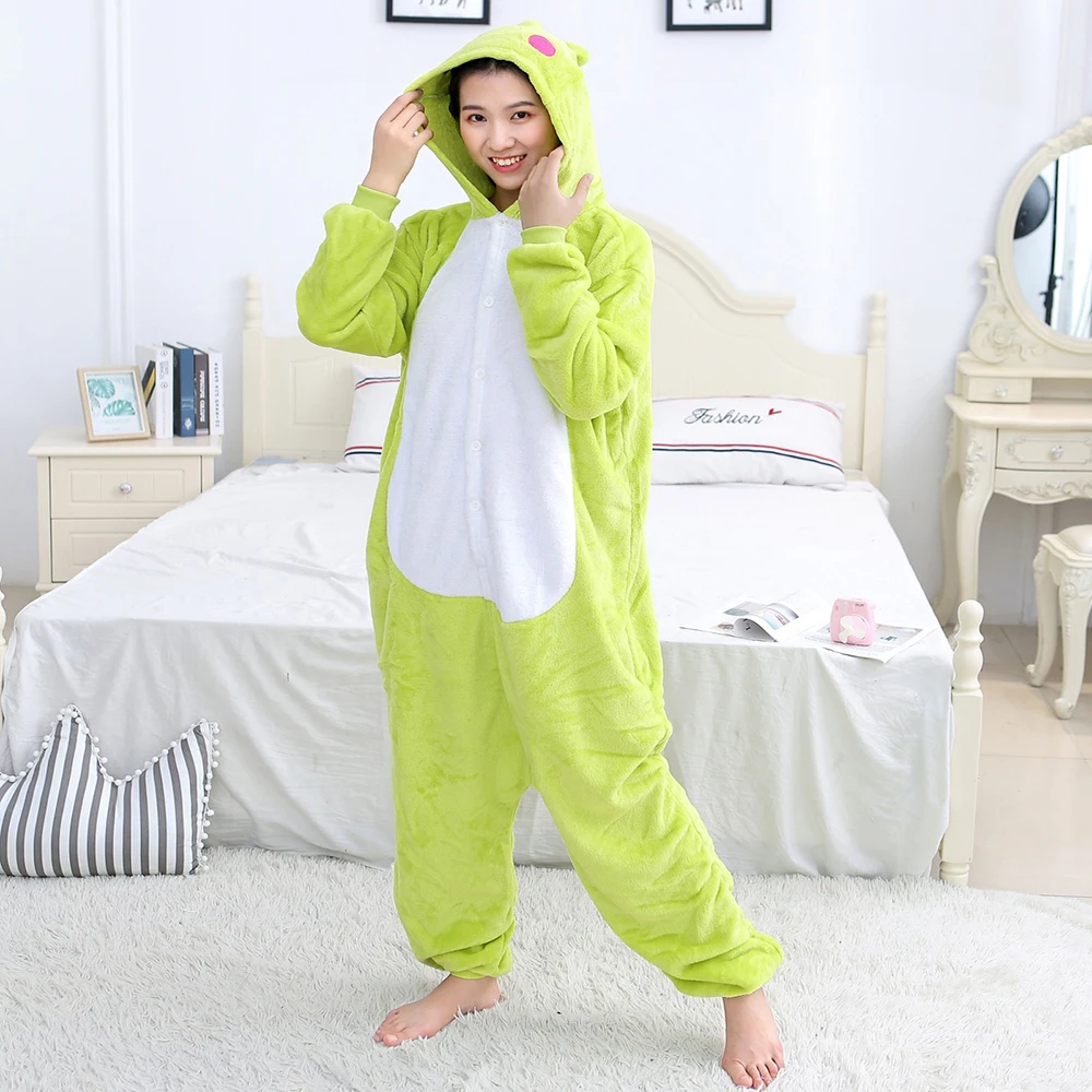 Kigurumi Adult Halloween Onesie Flannel Warm Pajamas Anime Unisex Cosplay One Piece Frog Family Christmas Party Costume Homewear