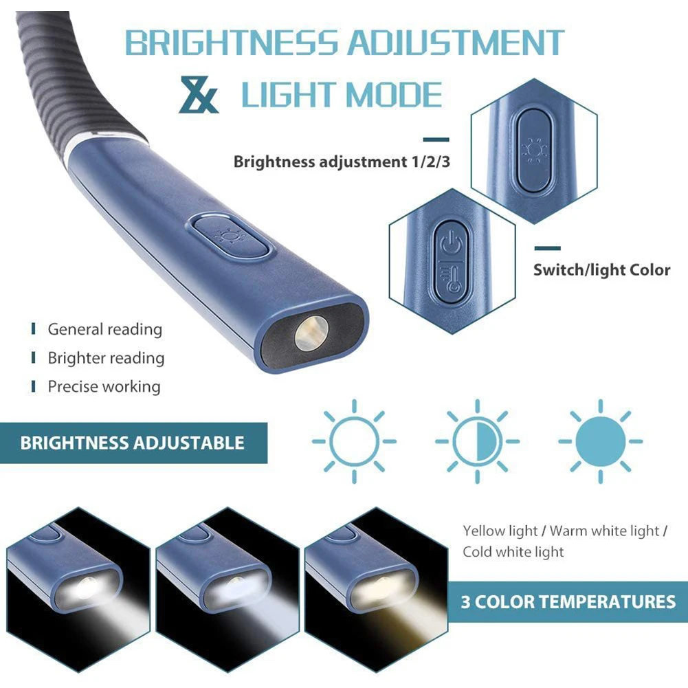 Neck Reading Light Book Light for Reading in Bed Bendable Long Lasting Portable USB Rechargeable Novelty Flexible Book Lighting