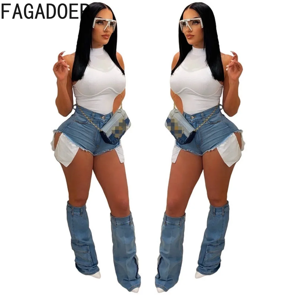 FAGADOER Fashion Y2K Denim Shorts Women High Waisted Button Pocket Skinny Jean Female Solid Color Cowboy With Leg Cover Bottoms