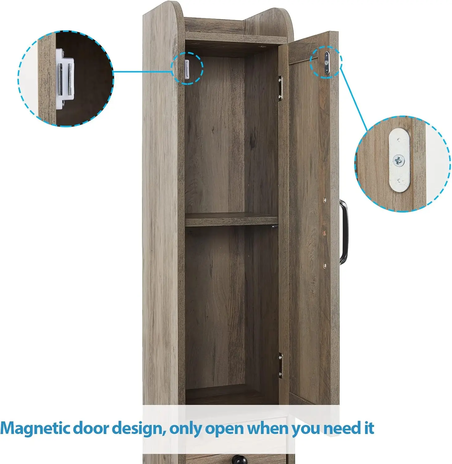 Bathroom Cabinet. Tall Narrow. Adjustable Shelf. Retractable Paper Rod. 8 Compartments. Brown Gray.