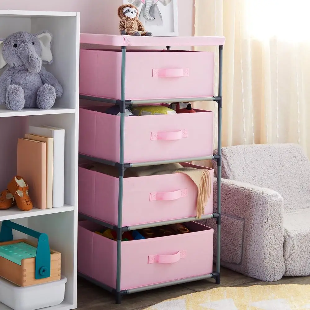 Pink 4 Drawer Storage Organizer Fabric Dresser Clothes Stand Versatile Unit Bedroom Nursery Living Room 3