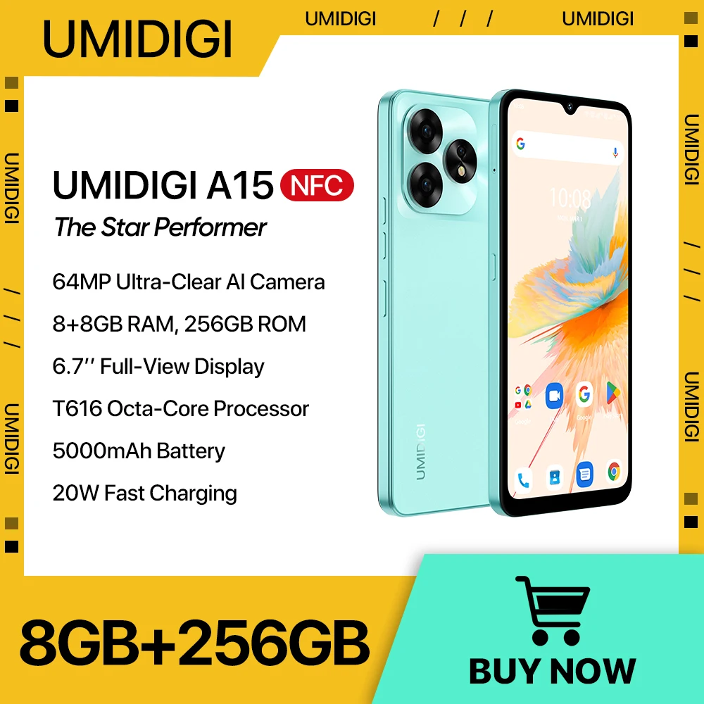 

[Мировая премьера] Смартфон UMIDIGI A15, A15C NFC Android 13, 6,7-дюймовый FHD + экран, 8 ГБ 256 ГБ 128 ГБ, камера 64 МП, мобиль