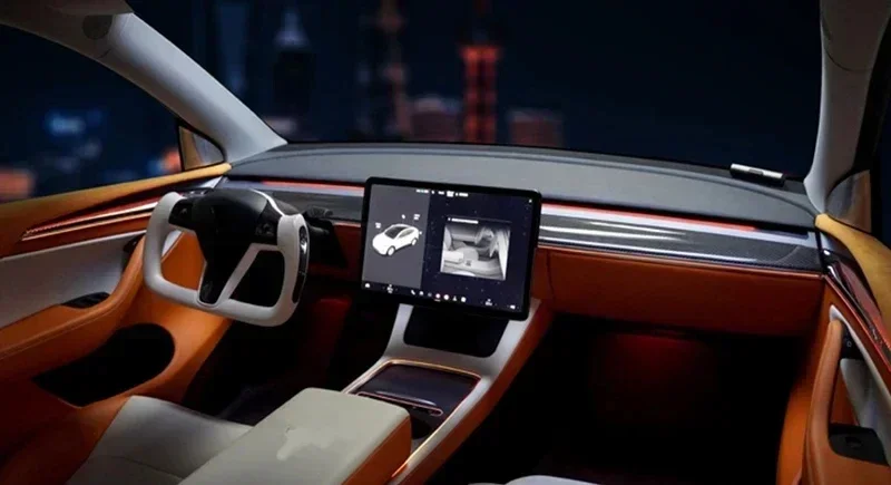 

Радужный лазерный атмосферный светильник из углеродного волокна, 64 цвета, подходит для модели Tesla 3, Y 2021-2023, сенсорное управление окружающей среды