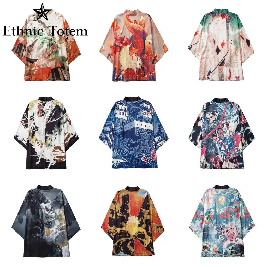 Men Japanese Kimono Cardigan Men Samurai Costume Clothing Kimono Mens Kimono Shirt Yukata Japanese Traditional Ukiyoe Haori