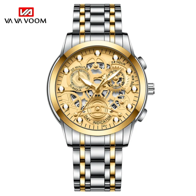 Men's Business Watch Skeleton Design Fashion Mechanical Style Stainless Steel Quartz Movement Calendar Waterproof Men WristWatch 2451SAN J