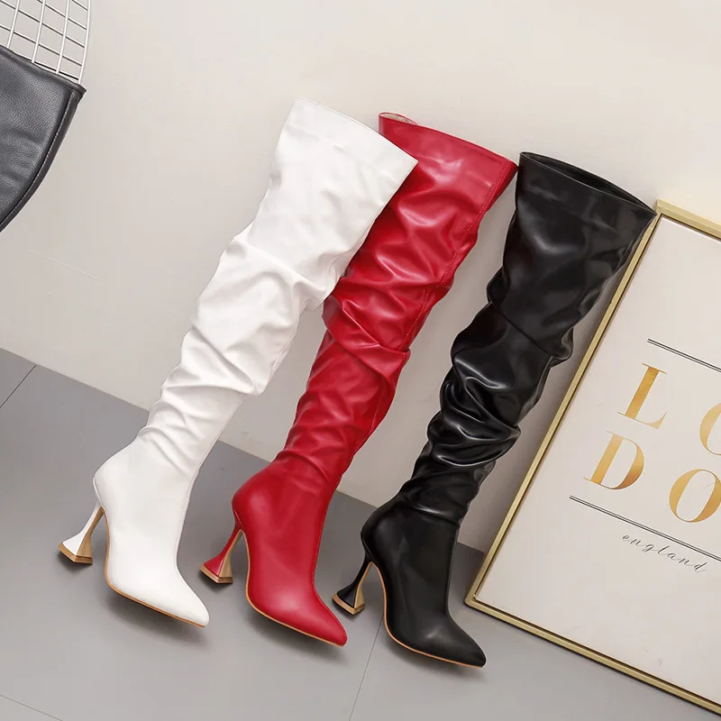 

Sexy Pointed Pleated High Heels Zipper Stiletto Knee Boots Wine Glass Heel Height-Increasing and Thin Fashion Women's Boots