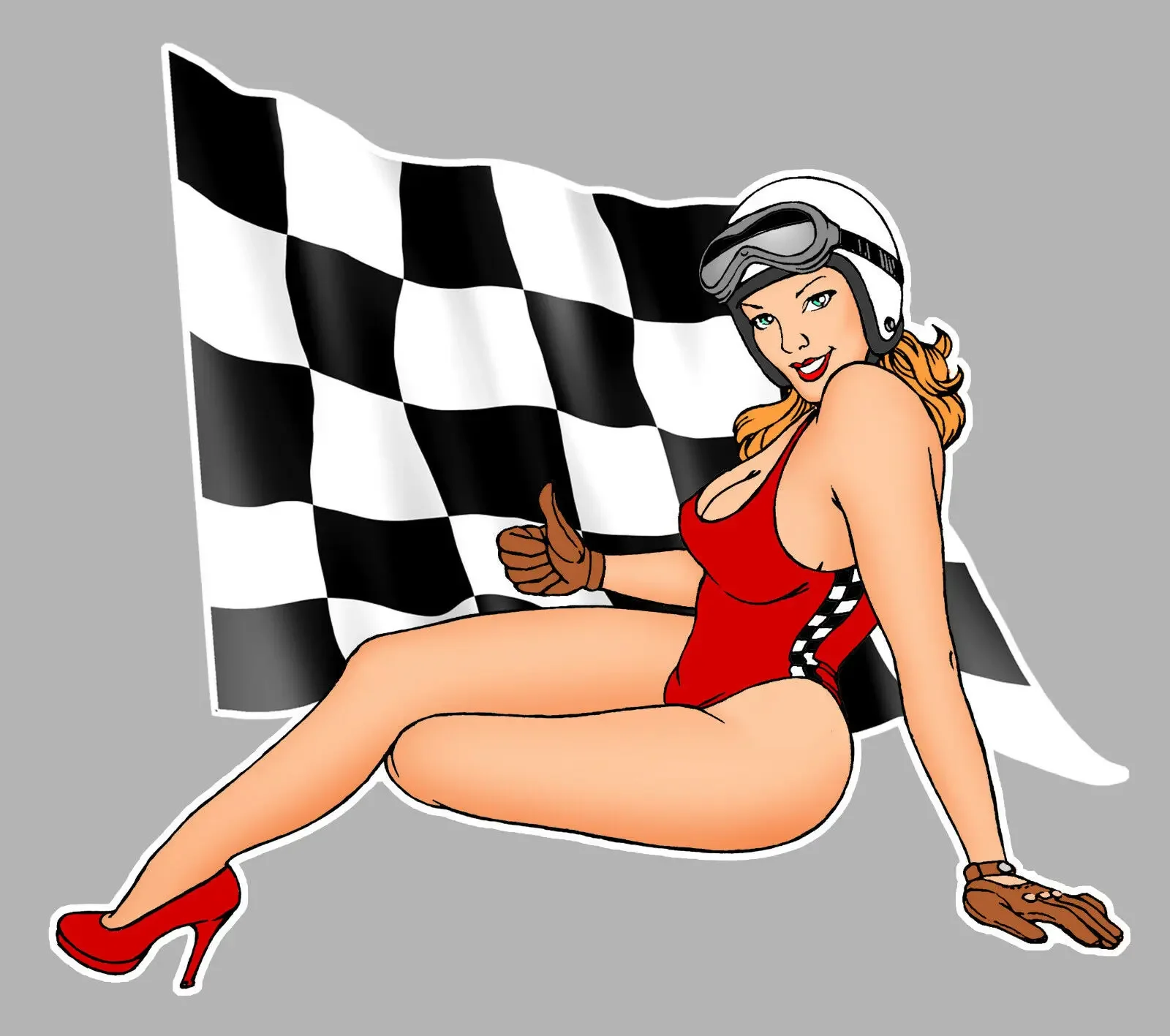 

Retro Checked Flag Racing Car Sticker Bikini Pinup Adult Sexy Babe Naughty Girl Cute Model