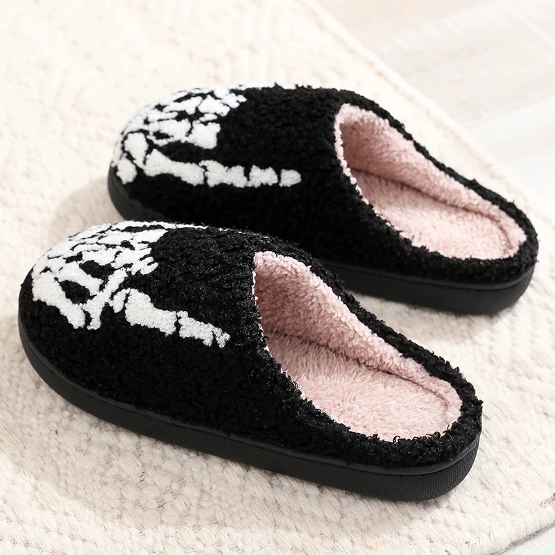 Skeleton Finger Embroidery Printing Platform Slippers Women Fashion Halloween Plush Slippers Woman Non Slip Home Cotton Shoes