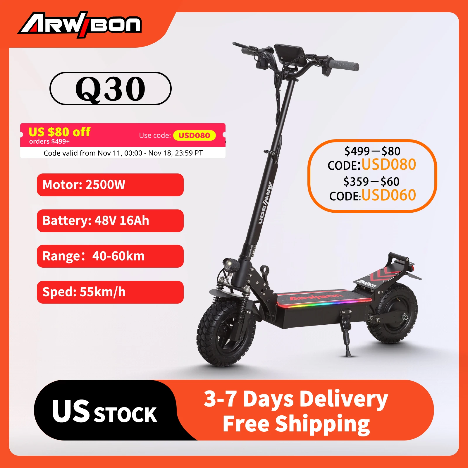 Electric Scooter Arwibon Powerful Adult Q30 Speed up to 30MPH 11 Inch Off Road Skid Resistant Tires Foldable