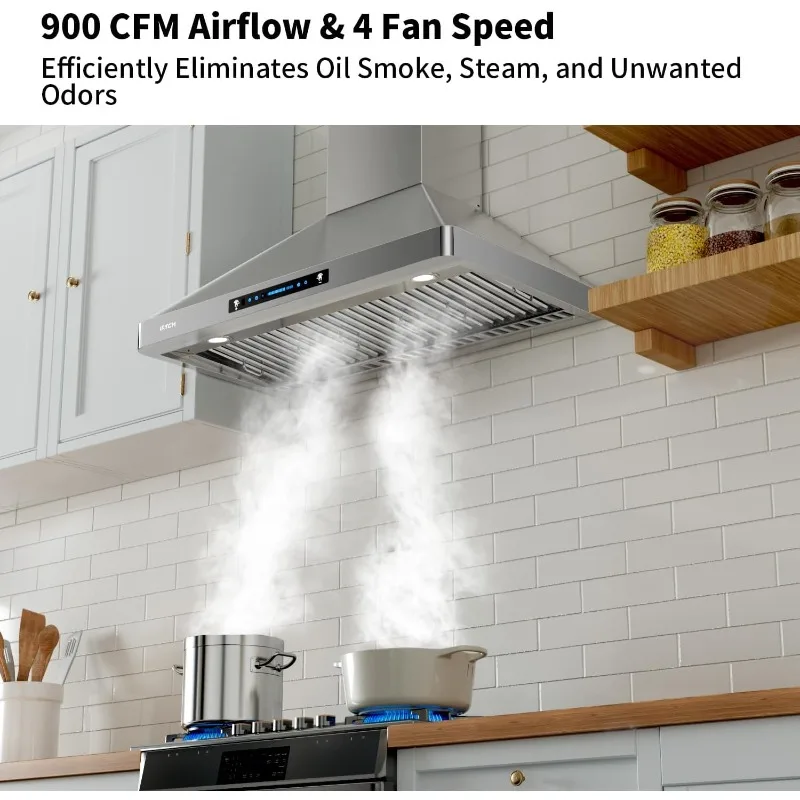 IKTCH 36"Wall Mount Range Hood, 900 CFM Ducted/Ductless Range Hood with 4 Speed Fan, Pure Stainless Steel Hood 36 inch