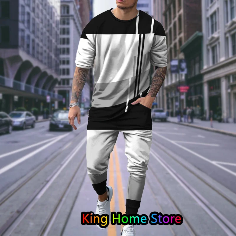 Men's Trousers Tracksuit 2 Piece Set Fashion Sportswear Autumn Streetwear Short Sleeve T Shirt Long Pants Male Clothing Outfits