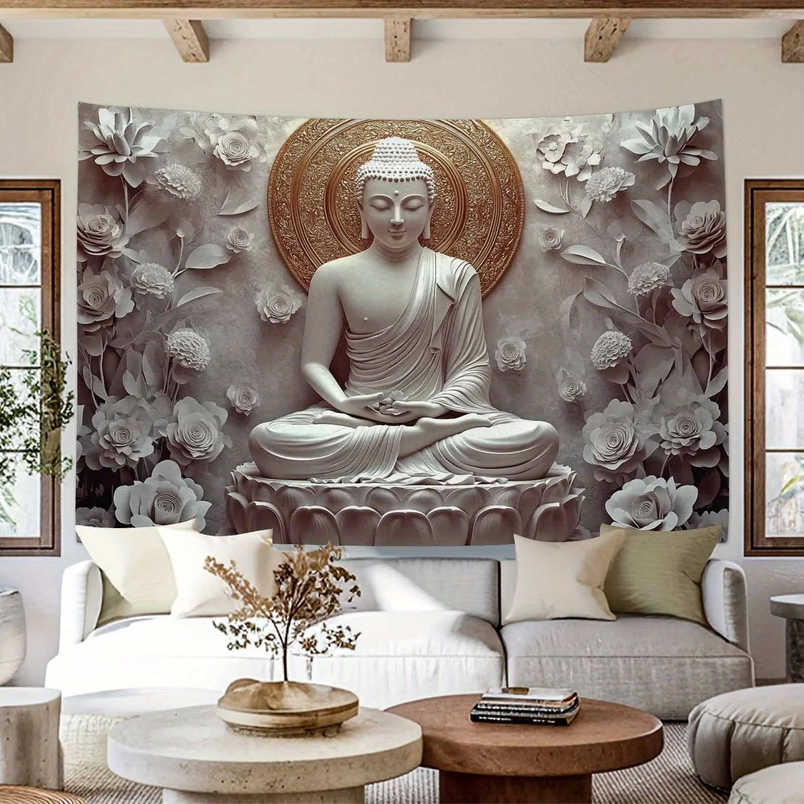 🪷 Sacred White Stone Buddha with Golden Lotus Halo – Spiritual Wall Tapestry 3