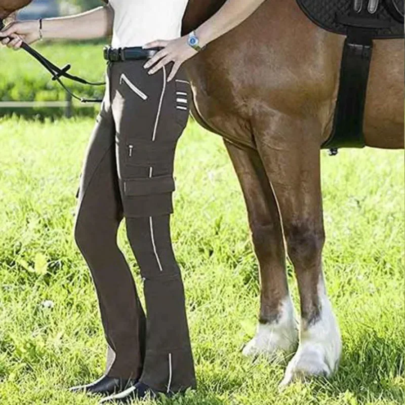 European American Women\'s Multi-pocket Diagonal Zipper Slimming Buttock Lifting Elastic Leisure Equestrian Horse Riding Pant