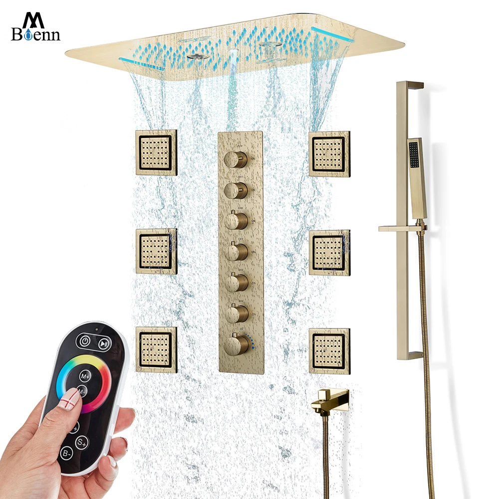 

M Boenn 6 Functions Brushed Gold Shower System Ceiling Rain LED Showerheads Bathroom Thermostatic Large Flow Rate Shower Faucets