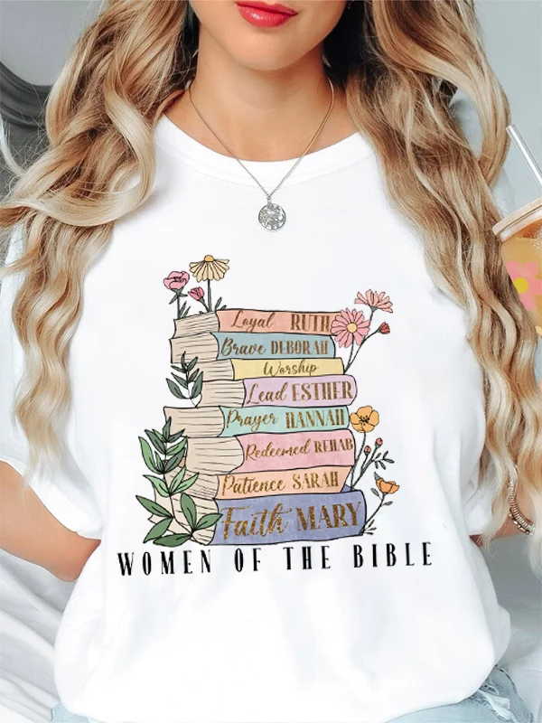 

Women of The Bible Slogan Women T-shirt Cute Cartoon Knowledge Books and Flowers Print Female Shirt New Trend Casual Girl Tee