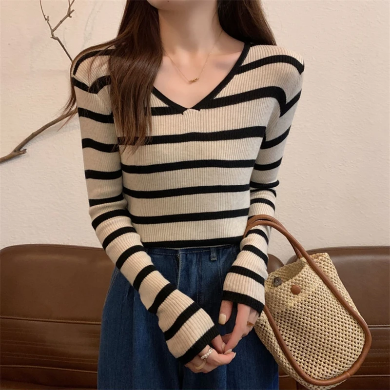 Women Trendy Casual Striped Chic Y2K All Match Basic Knitwear Autumn Korean Female Simple V Neck Long Sleeve Slim Pullover Tops