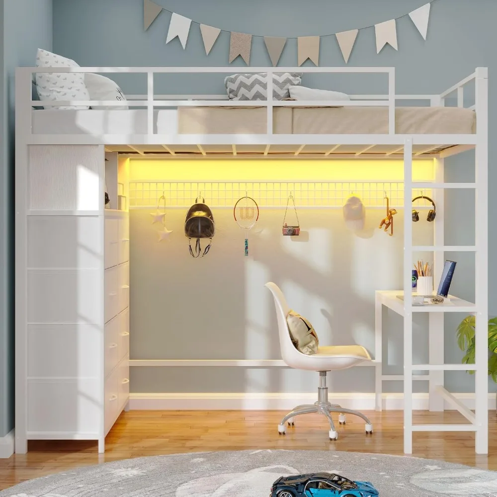 Twin Loft Bed with Desk & 8 Drawers Tall Dresser, Metal Loft Bed with LED Lights & Charging Station, 2-Tier Storage Shelves, Sta 6