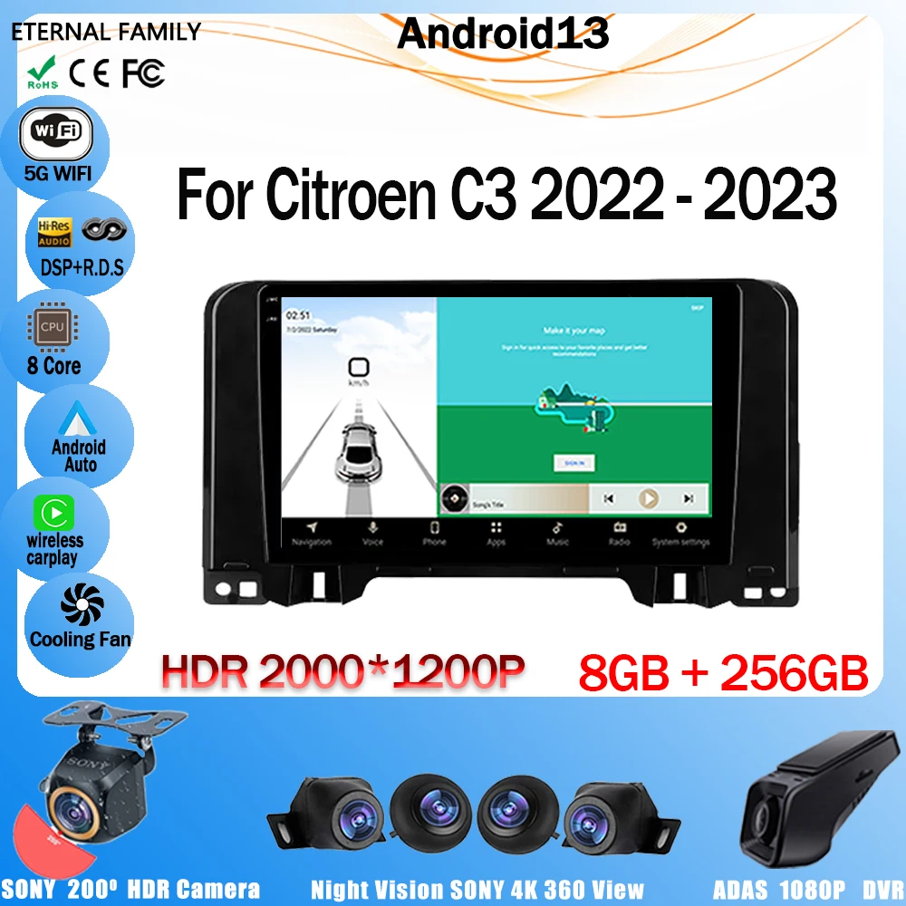 Android 13 Autoradio Per Citroen C3 2022 - 2023 Lettore Multimediale Navigazione Gps Stereo Wifi Bt Carplay Auto Dvd 4G Wifi No 2Din
