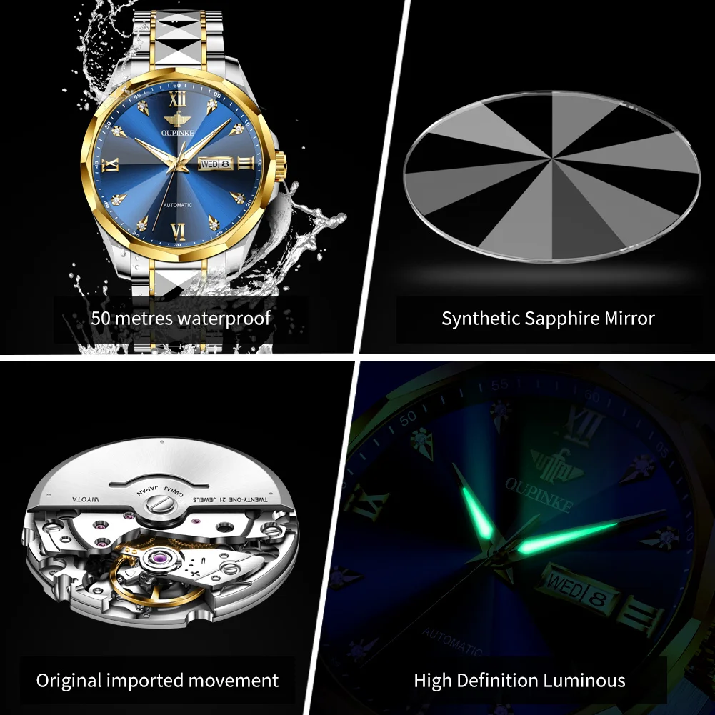 OUPINKE 3313 Man Automatic Watch Rhombus Mirror Mechanical Watch For Men Waterproof Dual Calendar Luxury Men's Dress Wristwatch