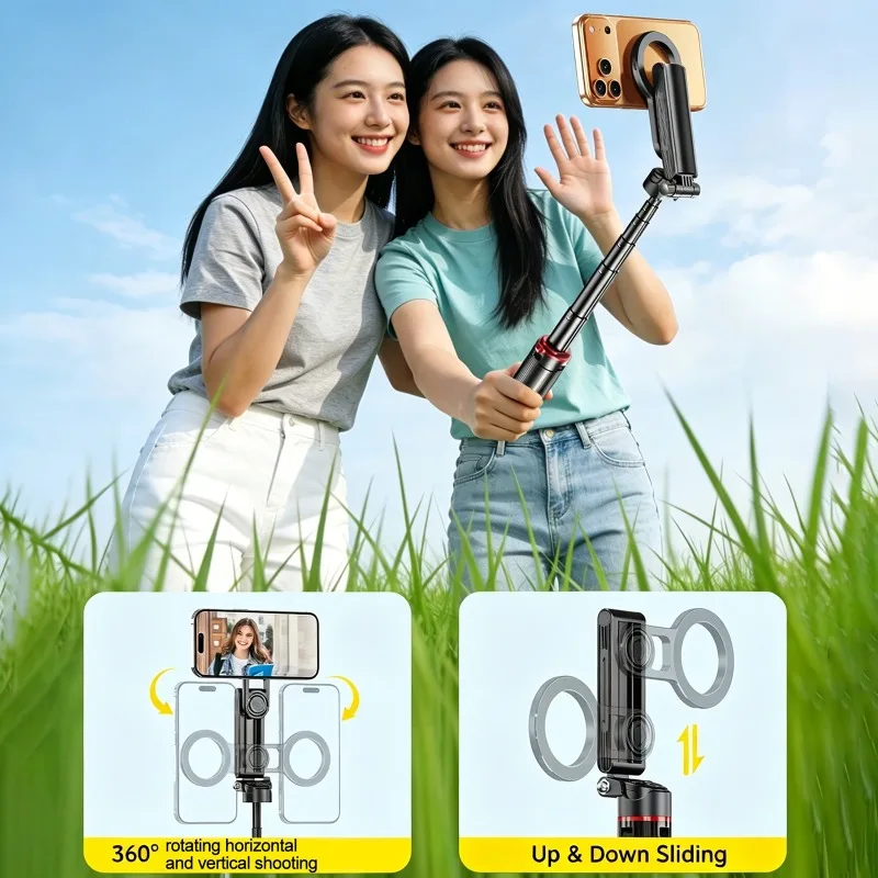 스마트 자석식 셀카봉 삼각대 휴대폰 거치대, 연장봉, 무선 리모컨, 이미지 안정화 기능 탑재, 스마트폰 브이로그 촬영용