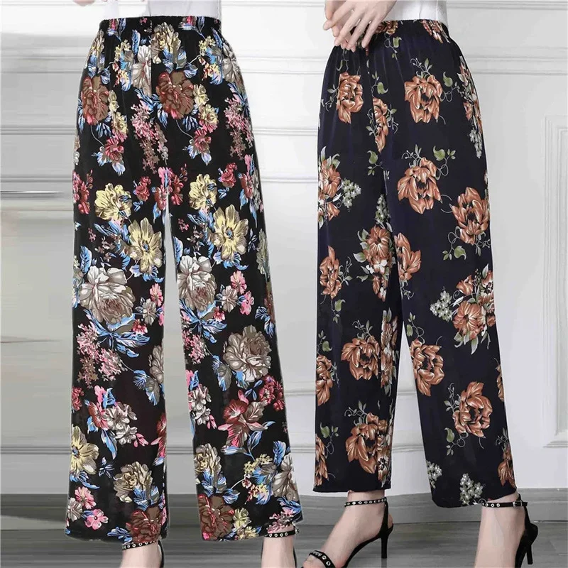 

2023 Summer Middle-aged Woman Pants High Waist Elasticity Elastic Waistmom Pants Casual Pants Women's Pants Mom Flower Pants 4XL