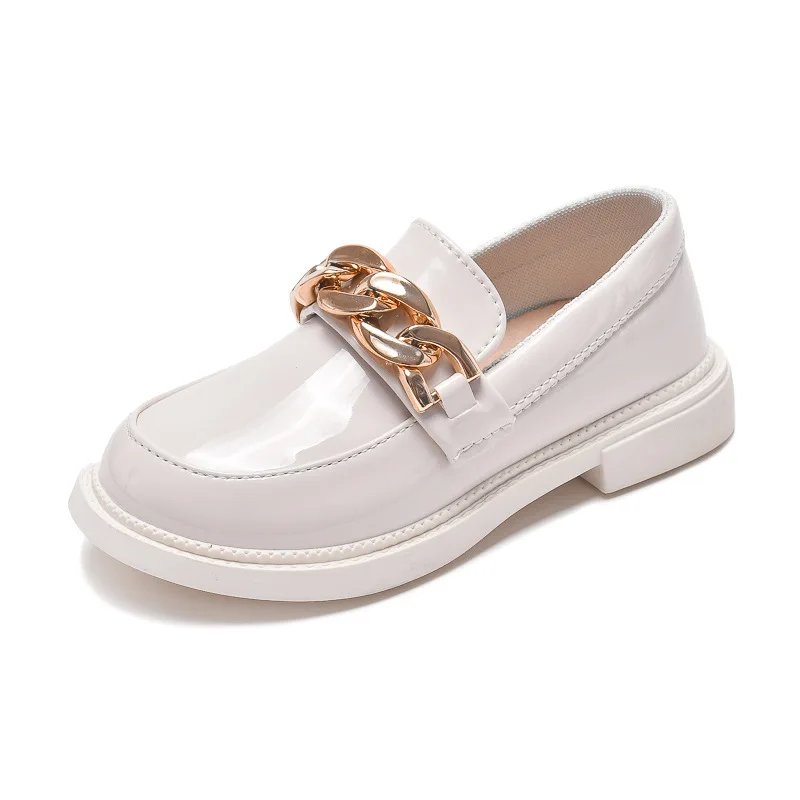 2022 Autumn New Britain Wind Kids Glossy Metal Chains White PU Loafers for Girls Children Fashion Casual School Shoe