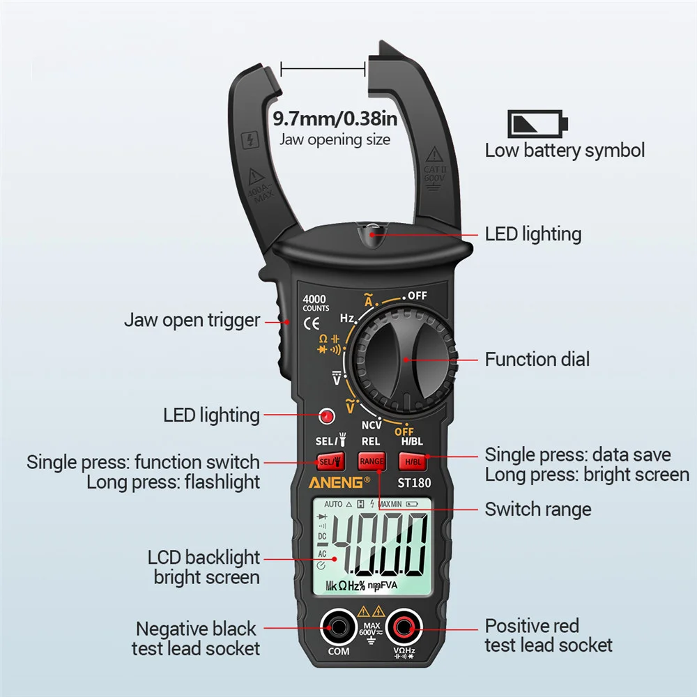ST180 Digital Clamp Meter Multimeter Tester 4000 Counts Amp Ohm Volt Meter Measures AC/DC Voltage Capacitance Resistance