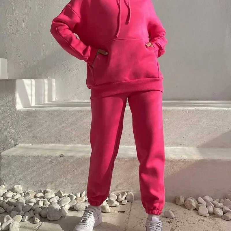 Leisure Fashion Sports Autumn and Winter New Women's Solid Color Plus Velvet Pocket Long-sleeved Hoodie Pants Two-piece Suit