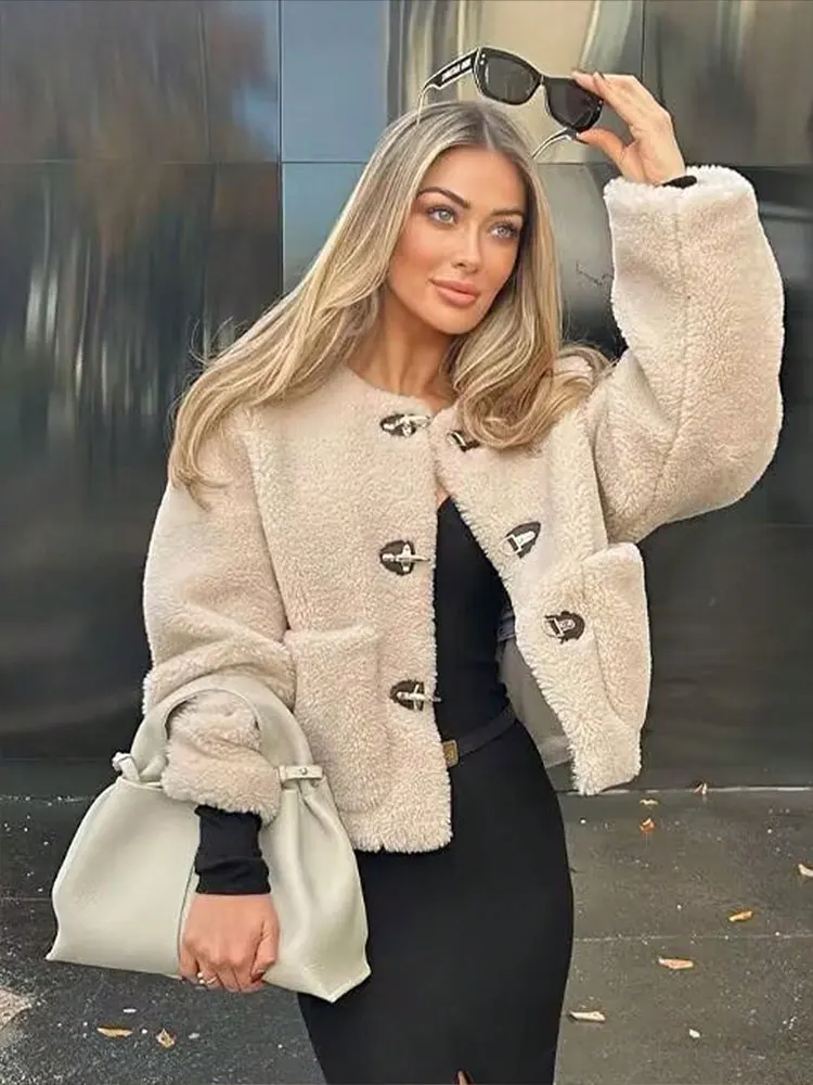 HH Women Elegant Fashion Solid Cropped Coats O Neck Long Sleeve Button Jackets With Pockets Autumn High Street Lady Outerwear