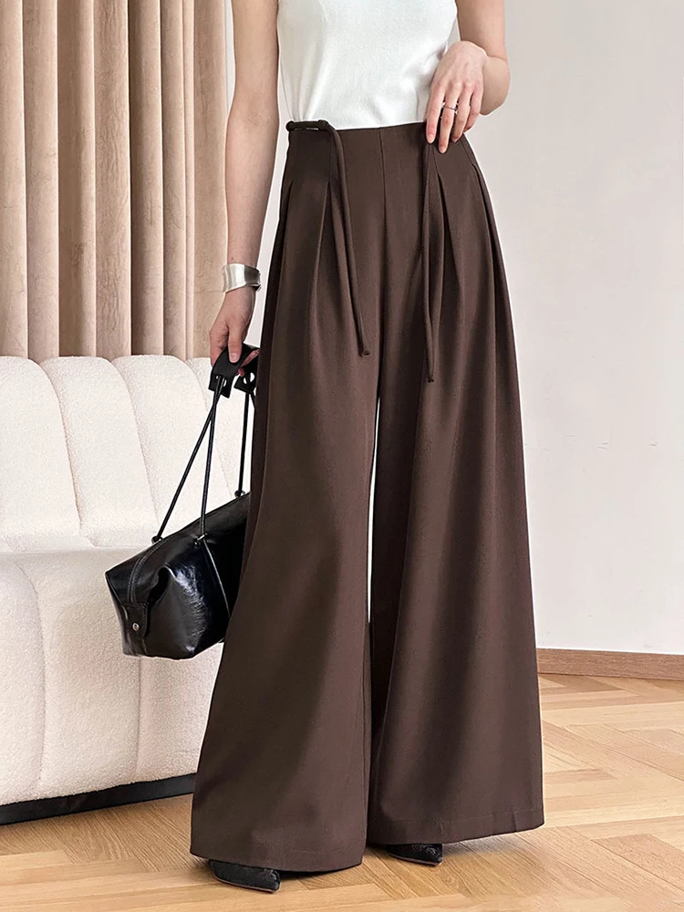[LANMREM] Drawstring Pleated Pants For Women High Waist Wide Leg Suits Trousers Office Lady Clothes 2024 Summer New 26D8845