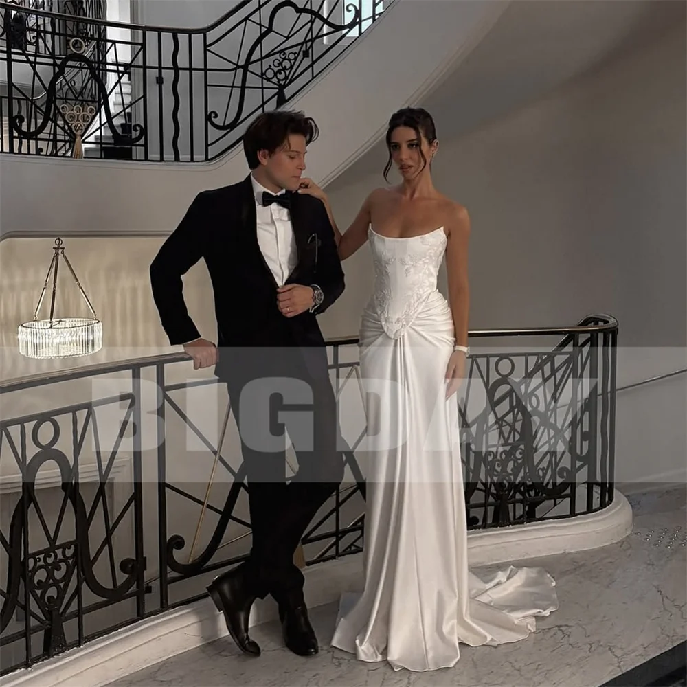 BIGDAY Modern Mermaid Wedding Dress Boat-Neck Lace Appliqued Pleat Open Back Lace-up Bridal Gown Vestido De Noiva Customized 12 S81b8bbcb55434bd6bc227658a769b104X