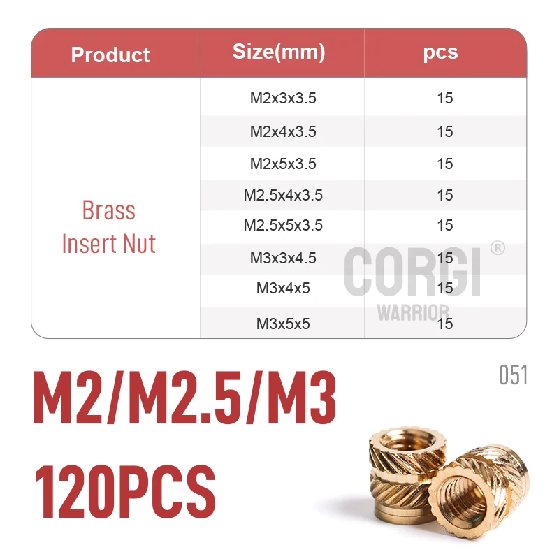 Inserir Nut Kit, inserções recartilhadas, M2, M2.5,