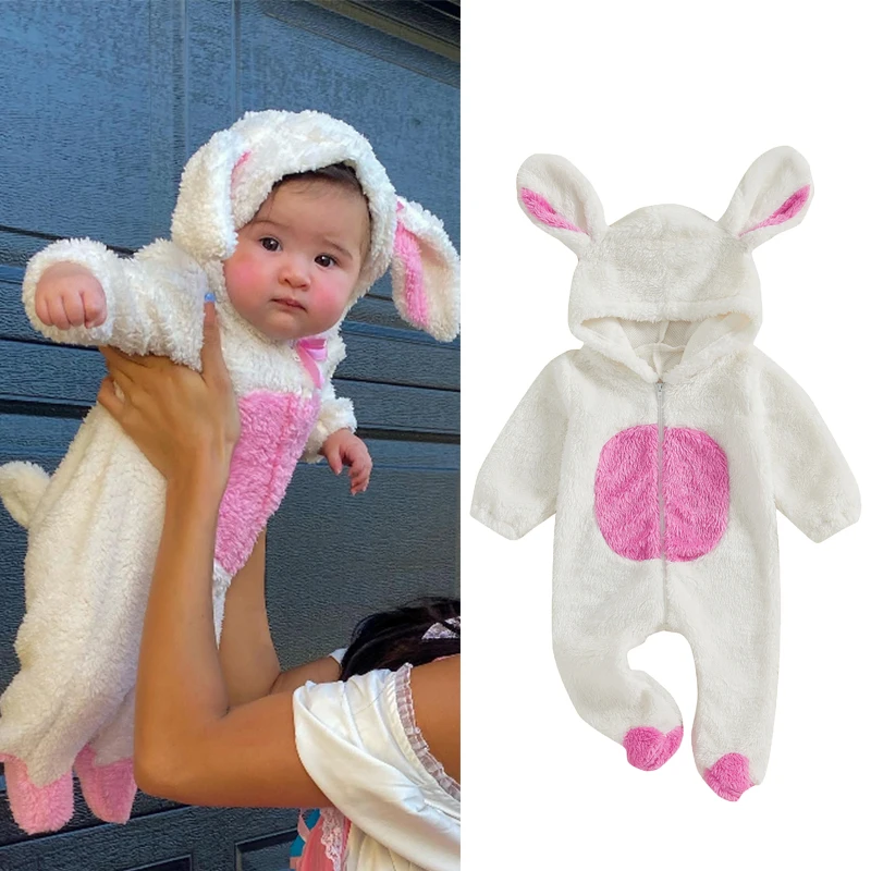 FOCUSNORM 0-18M Autumn Winter Baby Girls Boys Fur Jumpsuit Long Sleeve Hooded Contrast Color Zipper Closure Animal Footies