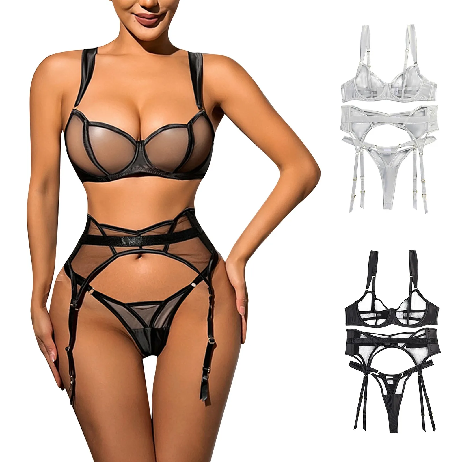 

Sexy Perspective Mesh Gathering Fun Split Body Set Women Underwear Three Piece Set Exotic Sleepwear Sexy Lingerine Outfit Femme