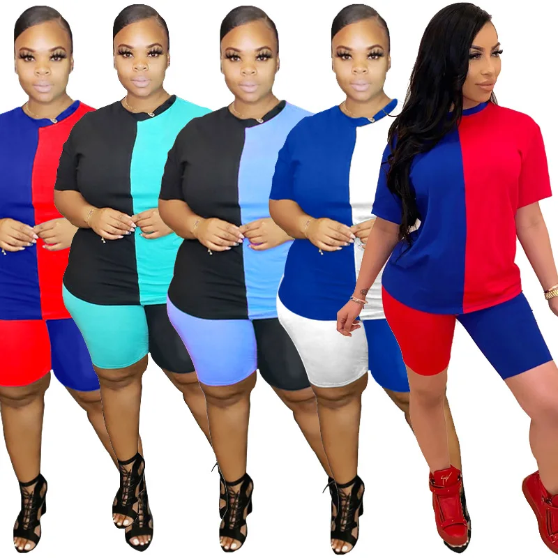 

2022 Summer Women's Large Color Contrast Sports Short Sleeve Shorts Set Female