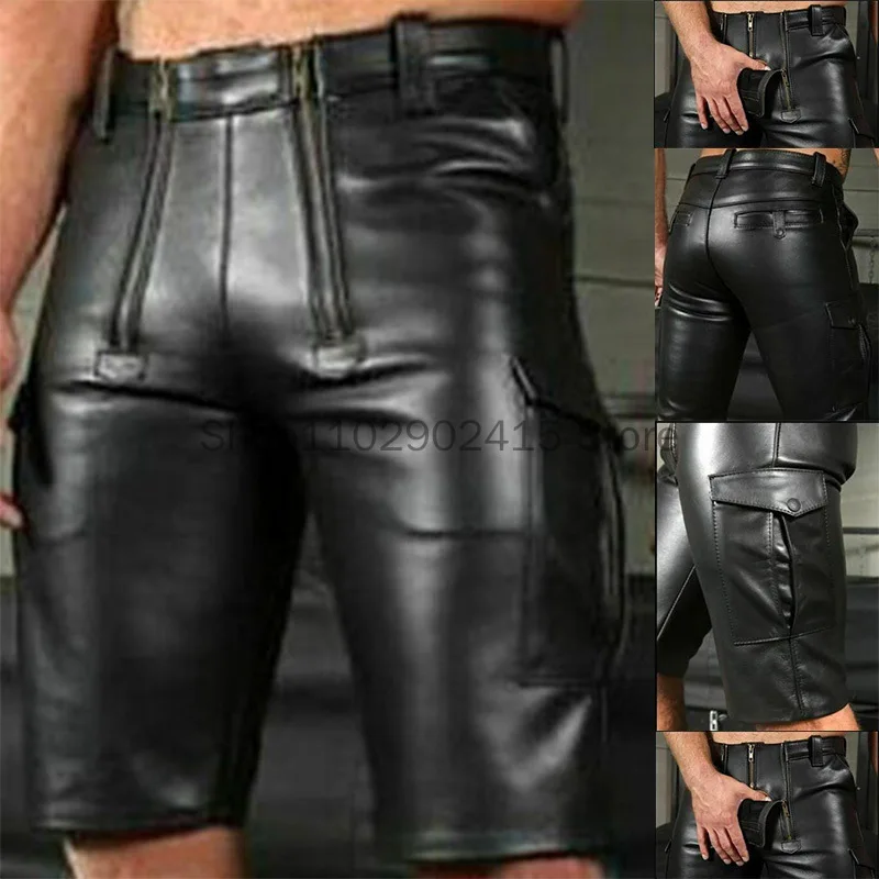 

2023 New Solid Color PU Leather Pants Casual Men's Short Leather Pants Summer Fashion Trend Club Punk Style Shorts for Men