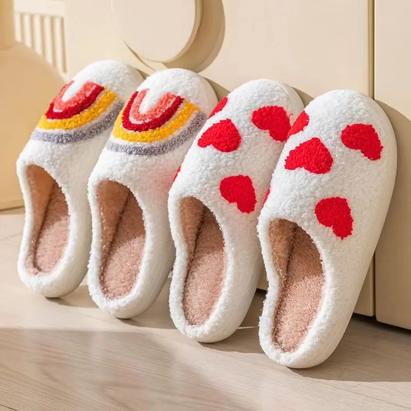 Winter Indoor Warm Slippers For Women Men Plush Non-slip Floor Slides Couple Fluffy Soft Flip Flops Adults Lovely Rainbow Shoes 2