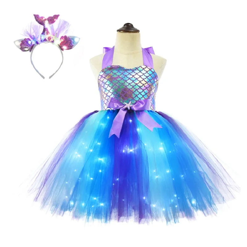 

Girl Mermaid Tutu Dress Costume Led Light Kids Birthday Halloween Princess Dresses Summer Ariel Party Clothes For Carnival 2-10t