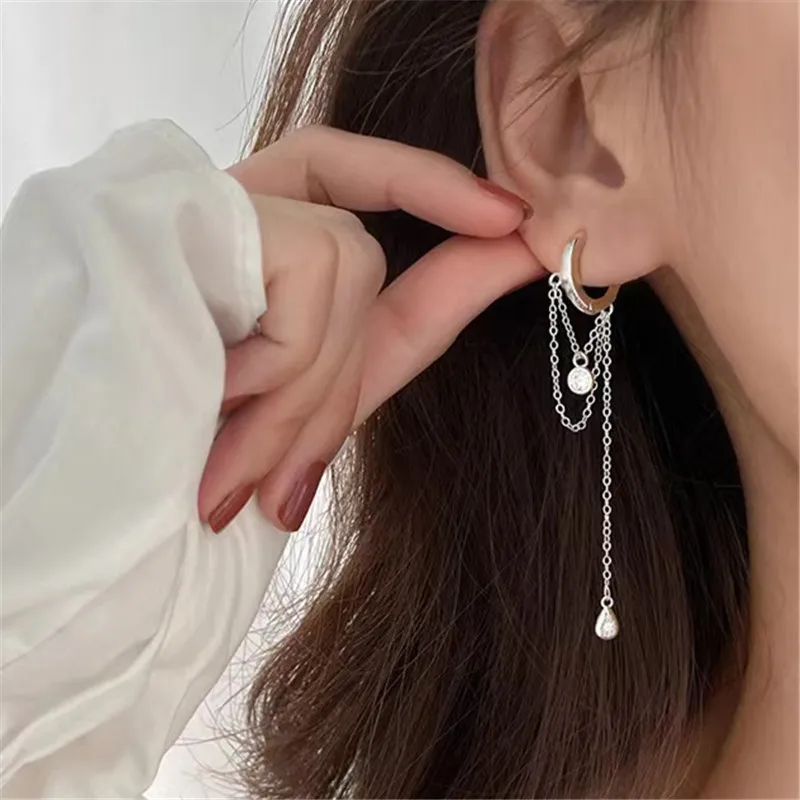 925 Silver Plated Tassel Chain Zircon Water Drop Earring For Women Party Wedding Jewelry eh2307