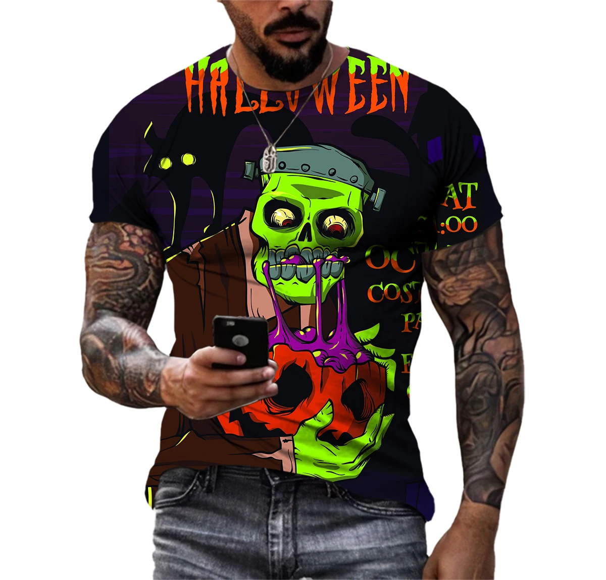 

Halloween Carnival Haunted House Retro Pumpkin clown Skull Graphic Men T-shirts Hip Hop 3D Print Round Neck Tee Short Sleeve Top