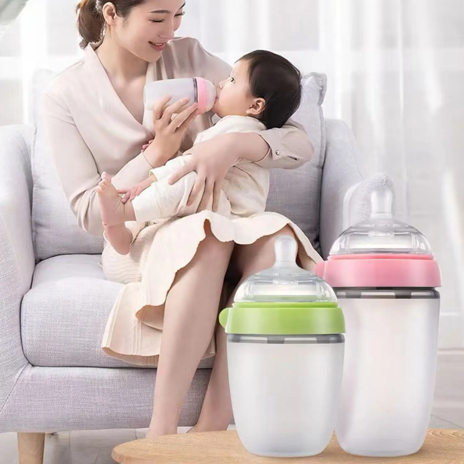 Baby Silicone Breastfeeding Nursing Bottle 150ml 250ml with Gravity Straw and Dust Cap for Newborns