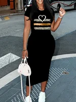Summer heart-shaped print short sleeved women's sexy dress Casual Round Neck Pullover Dress Solid Color - Image 5