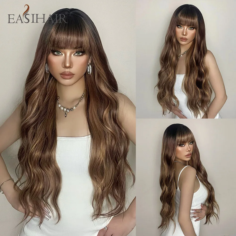 EASIHAIR Long Wavy Brown Synthetic Wigs With Highlights Natural Wig for Women With Bangs Cosplay Hair Heat Resistant Fake hair